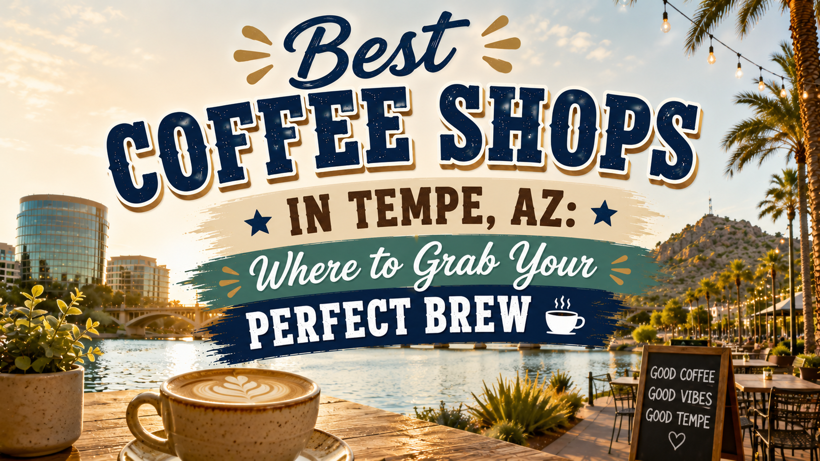 Graphic promoting best coffee shops in Tempe, AZ, with a sunrise café scene and bold blue and white text.