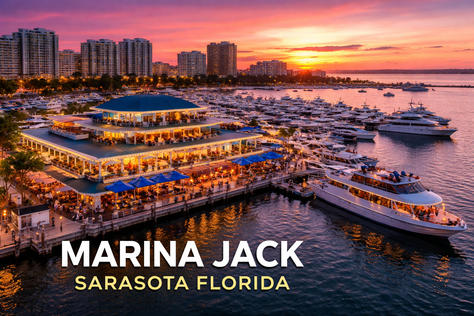 An aerial view of Marina Jack in Sarasota, Florida at sunset, showing a restaurant pier filled with boats and diners.