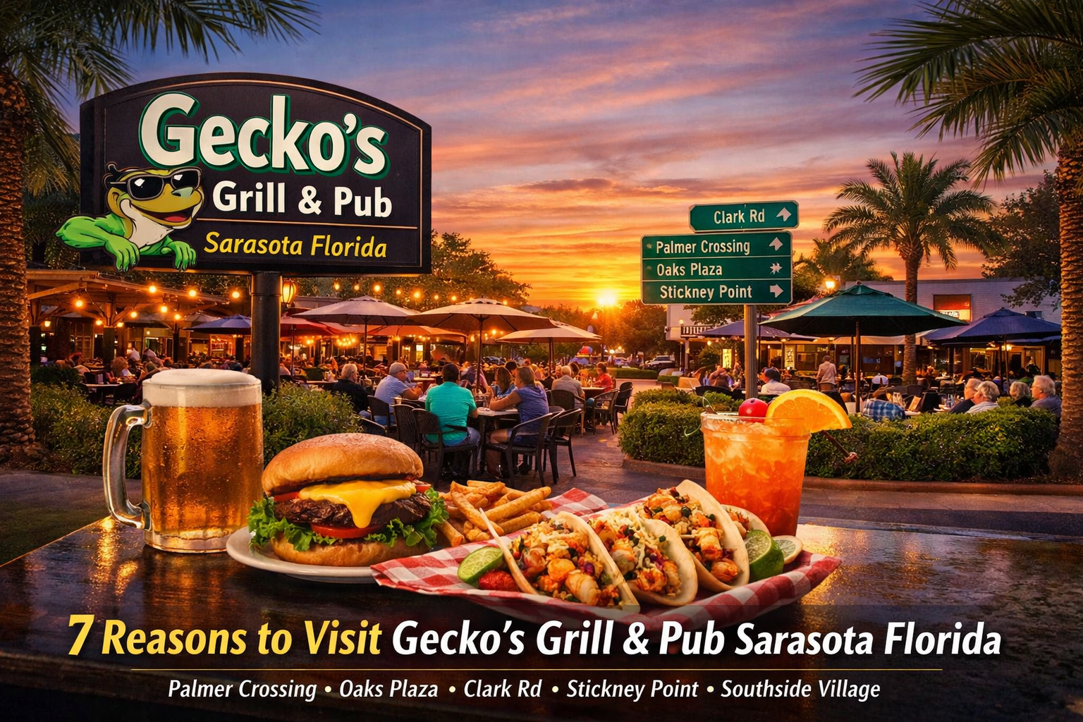 A burger, tacos, and drinks on a table at Gecko's Grill & Pub in Sarasota, Florida, with an outdoor dining scene at sunset.