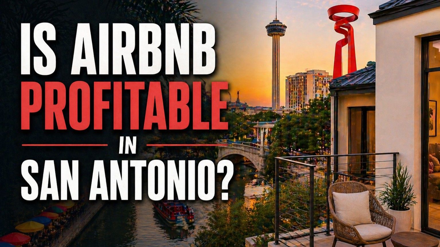 Title text over a San Antonio rooftop sunset: “Is Airbnb profitable in San Antonio?”