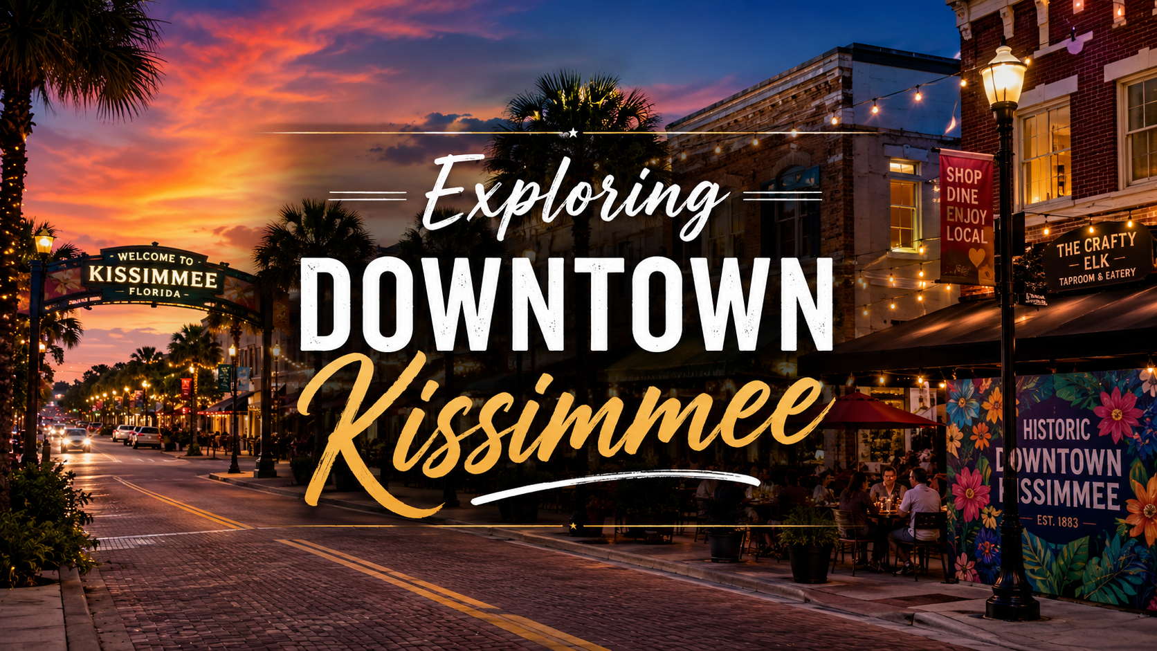 Exploring Downtown Kissimmee at sunset, with glowing city lights and brick streets