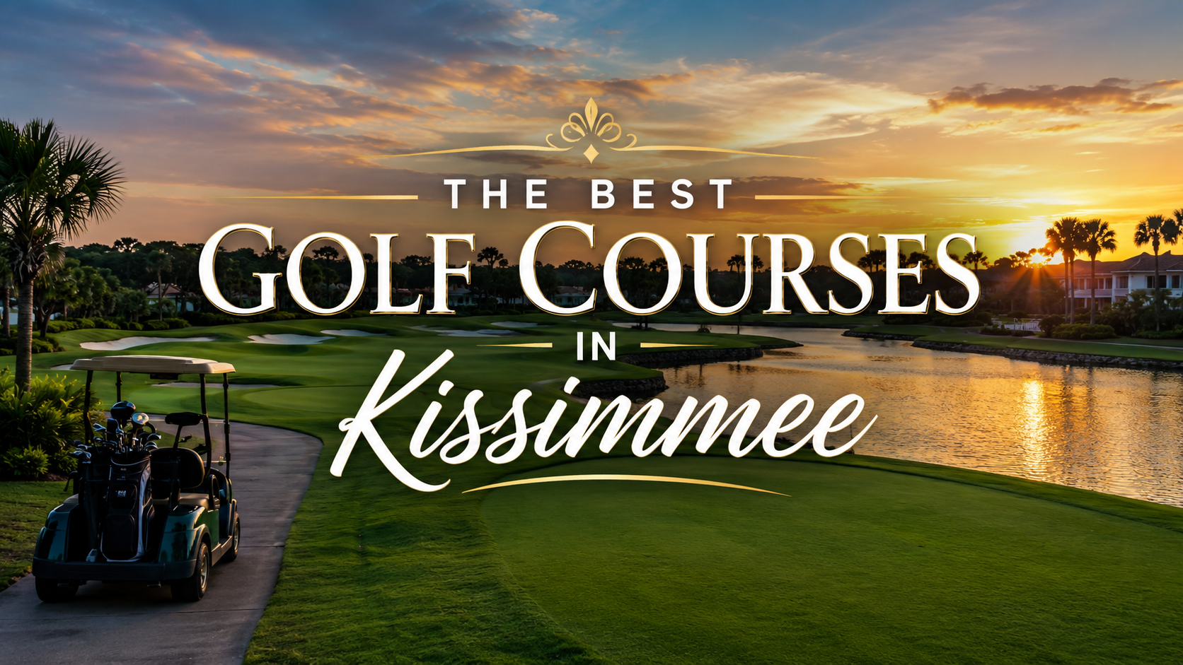 Sunset golf course by a lake in Kissimmee with text “The Best Golf Courses in Kissimmee”