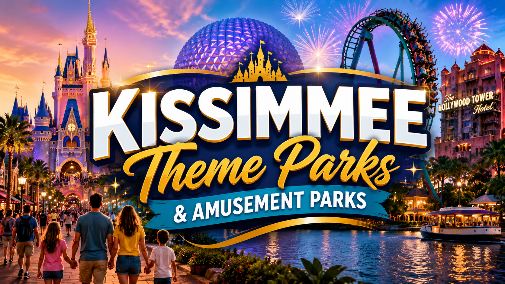 Kissimmee theme parks banner with castle, roller coaster, fireworks, and visitors by a lit waterfront at dusk