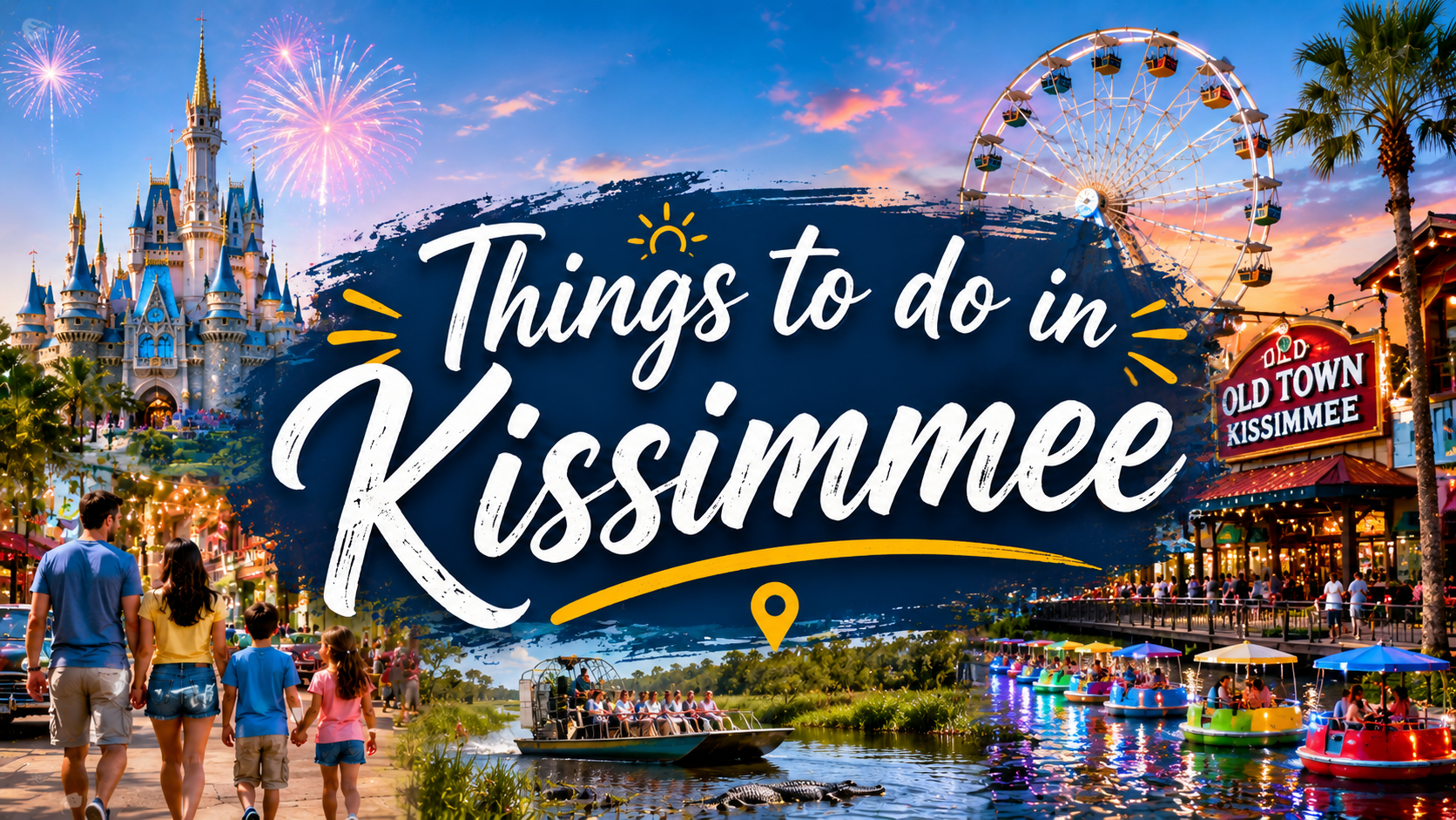 Colorful “Things to do in Kissimmee” travel collage with castle, fireworks, ferris wheel, and waterfront scene