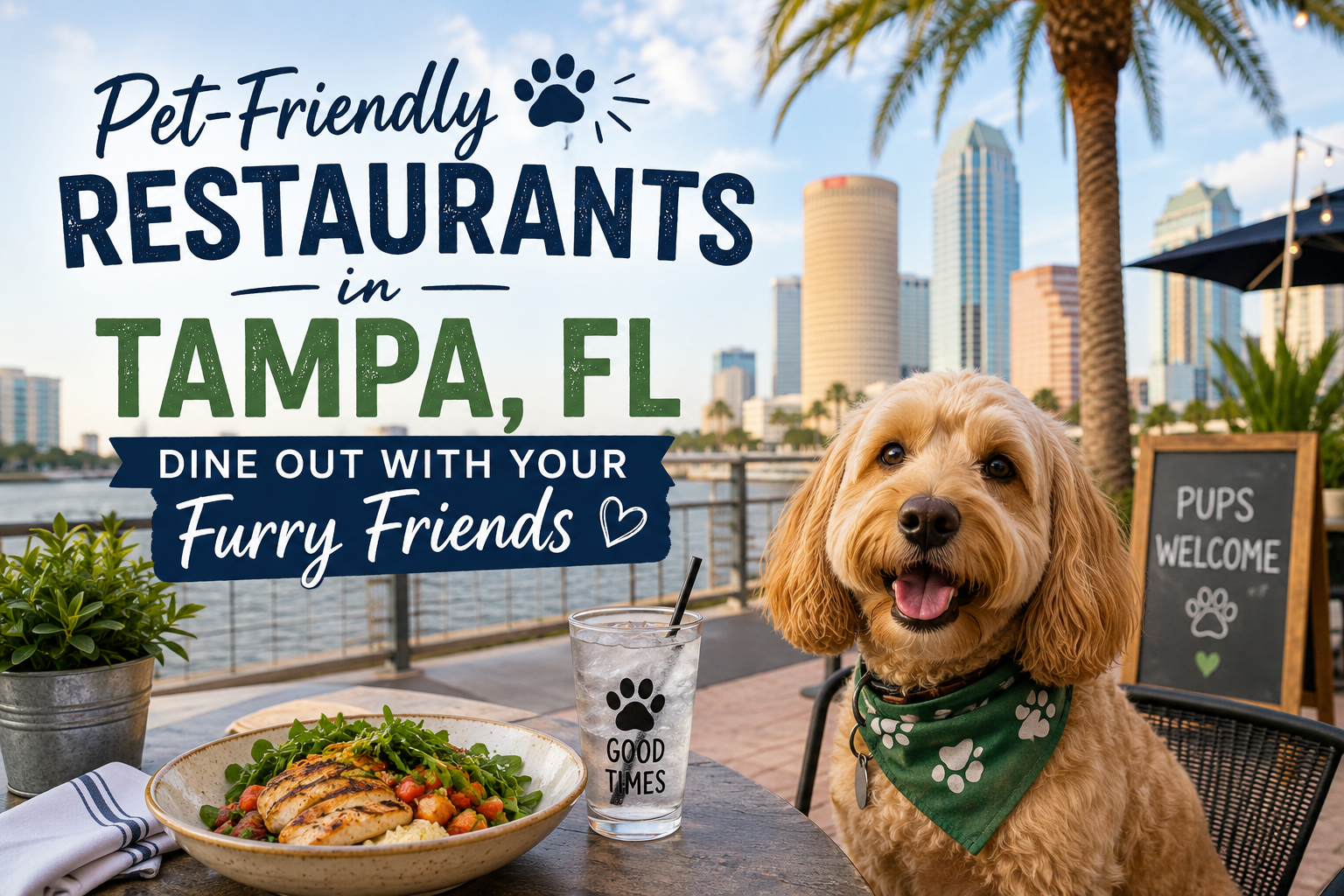 Pet-friendly restaurants in Tampa, FL, with a smiling dog on a patio dining table and food nearby