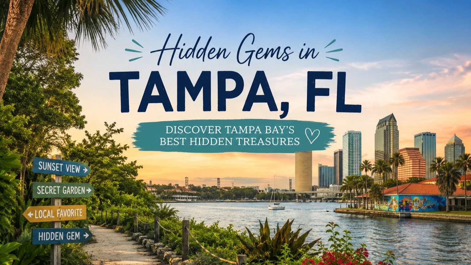 Travel poster for Tampa, FL with skyline, palm trees, waterfront, and sunset sky, promoting hidden gems