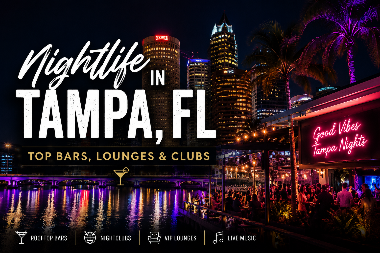 Nightlife in Tampa, FL poster with neon skyline, palm trees, and bars, lounges, and clubs along the waterfront