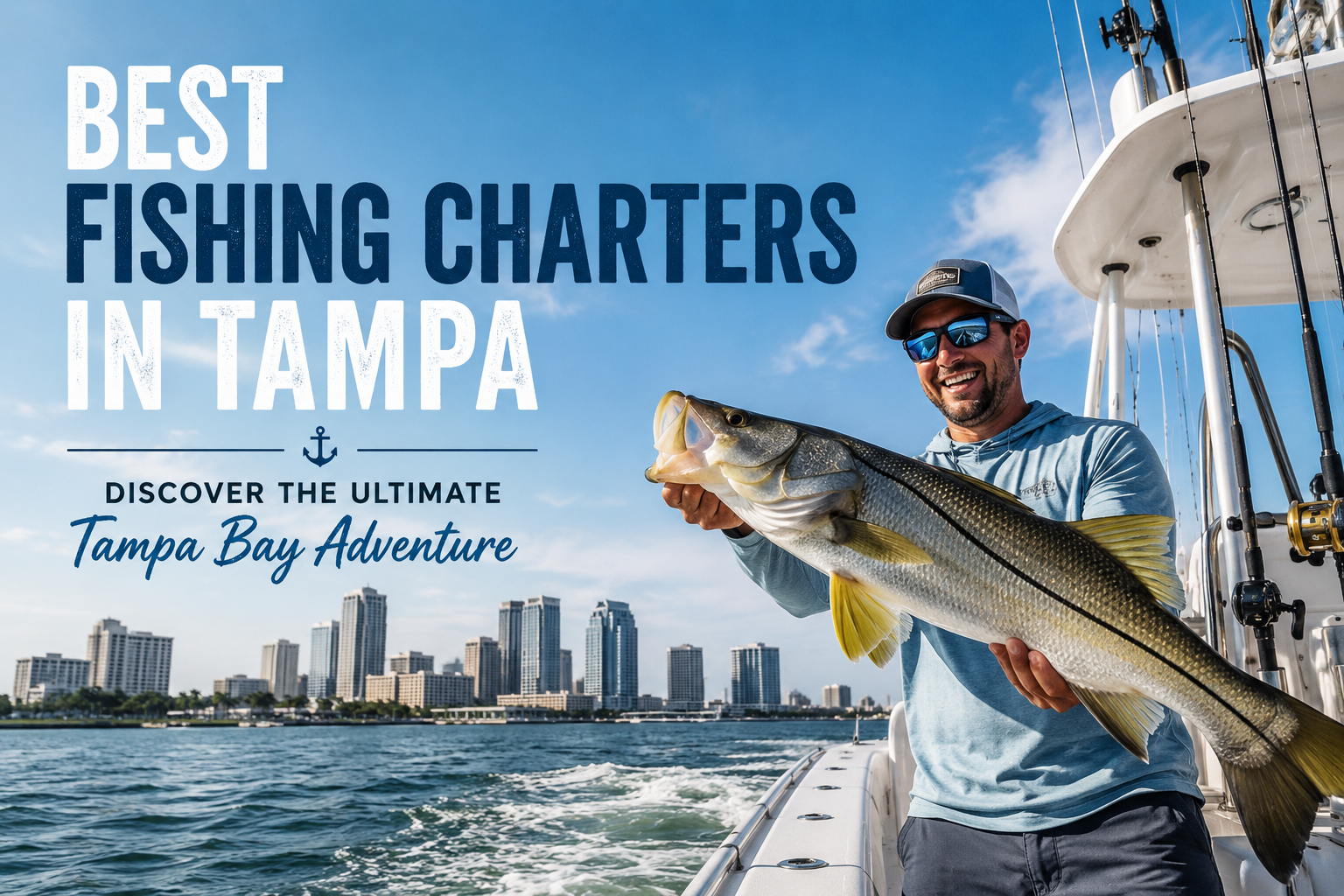 People on a boat with a large fish in Tampa, Florida. Blue sky and water.