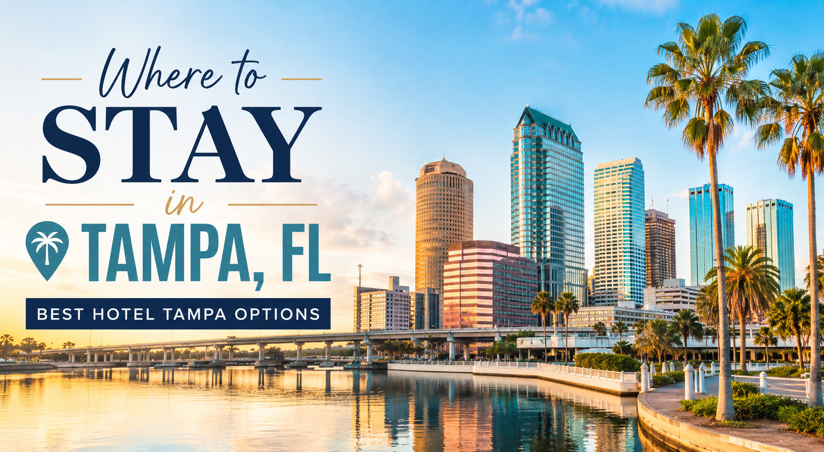 Tampa, FL skyline at sunset with palm trees, waterfront, and text “Where to Stay” and “Best Hotel Tampa Options”
