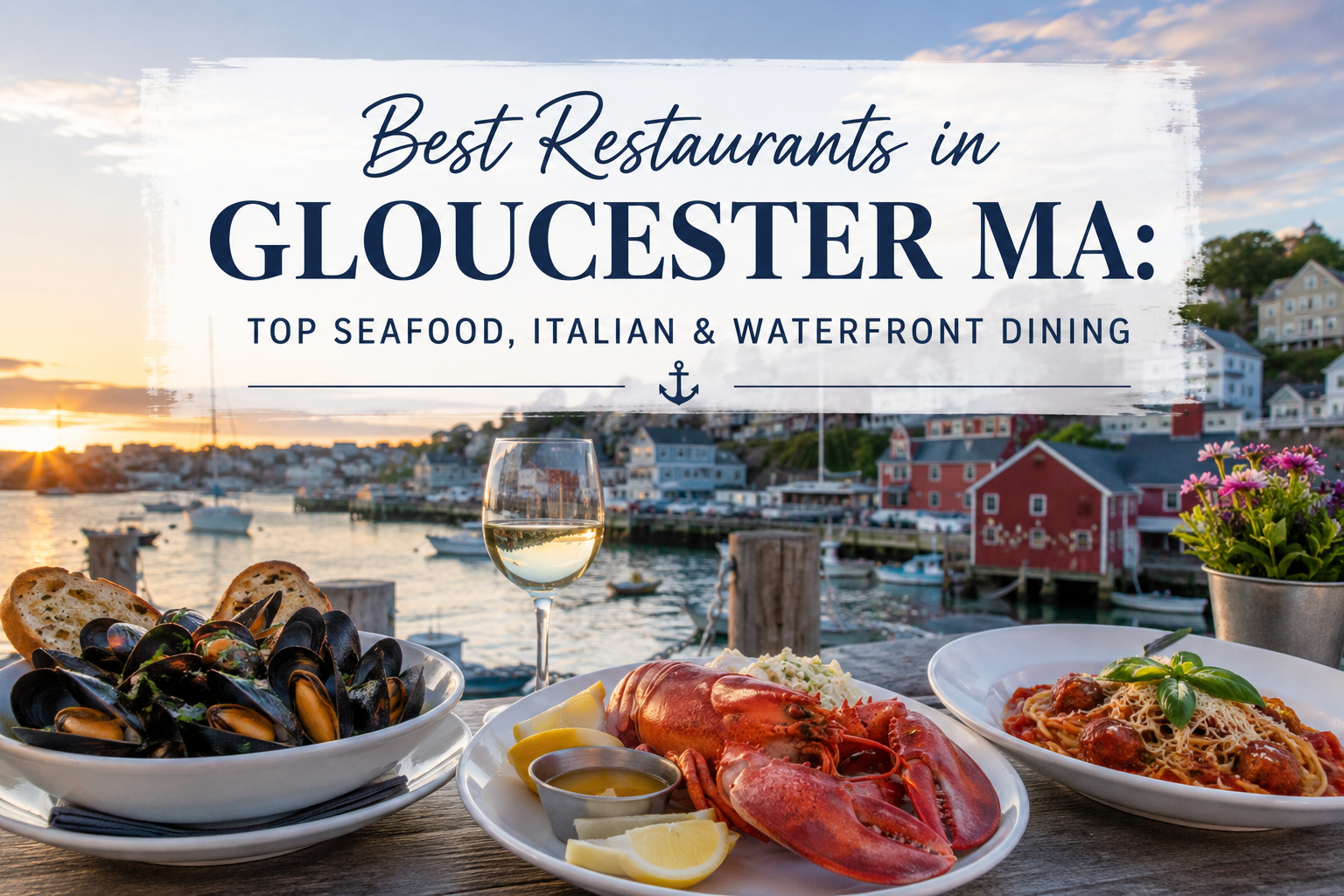 Best Restaurants in Gloucester, MA with seafood dishes and harbor waterfront backdrop