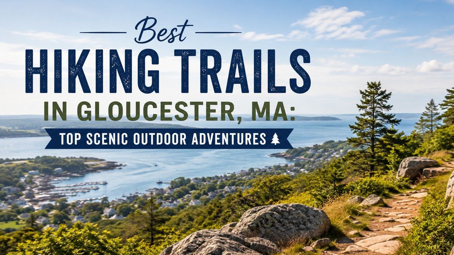 Scenic coastline with rocks and trees, overlaid text: “Best Hiking Trails in Gloucester, MA”