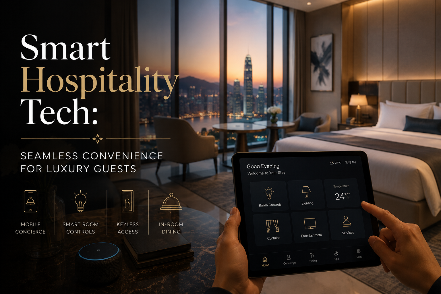 Luxury hotel room with tablet-controlled smart hospitality tech and overlay text on seamless convenience for guests