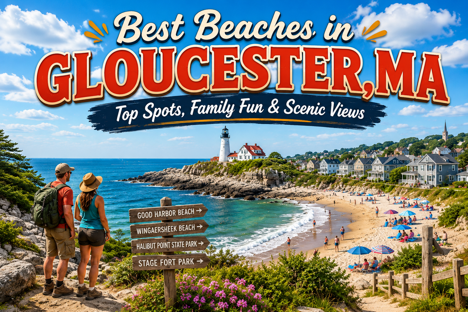Gloucester, MA beach scene with ocean cove, sandy shoreline, cliffs, and visitors overlooking the water