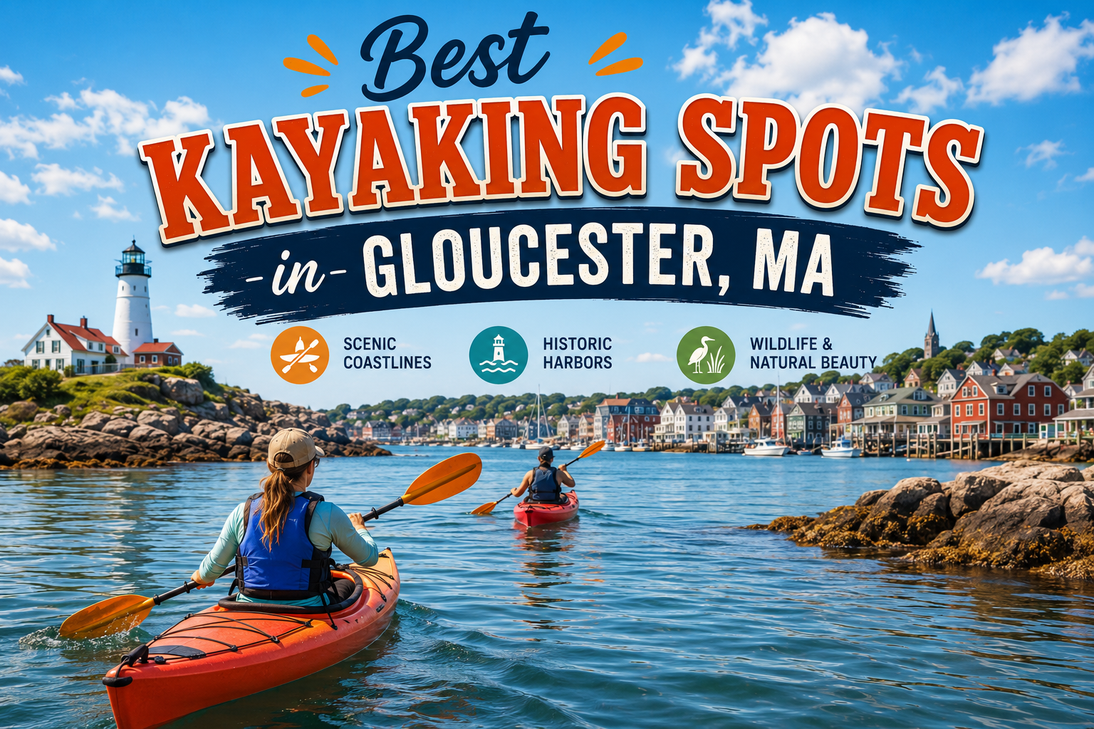 Kayakers paddling in Gloucester, MA harbor near a lighthouse and wooden sign listing best kayaking spots.