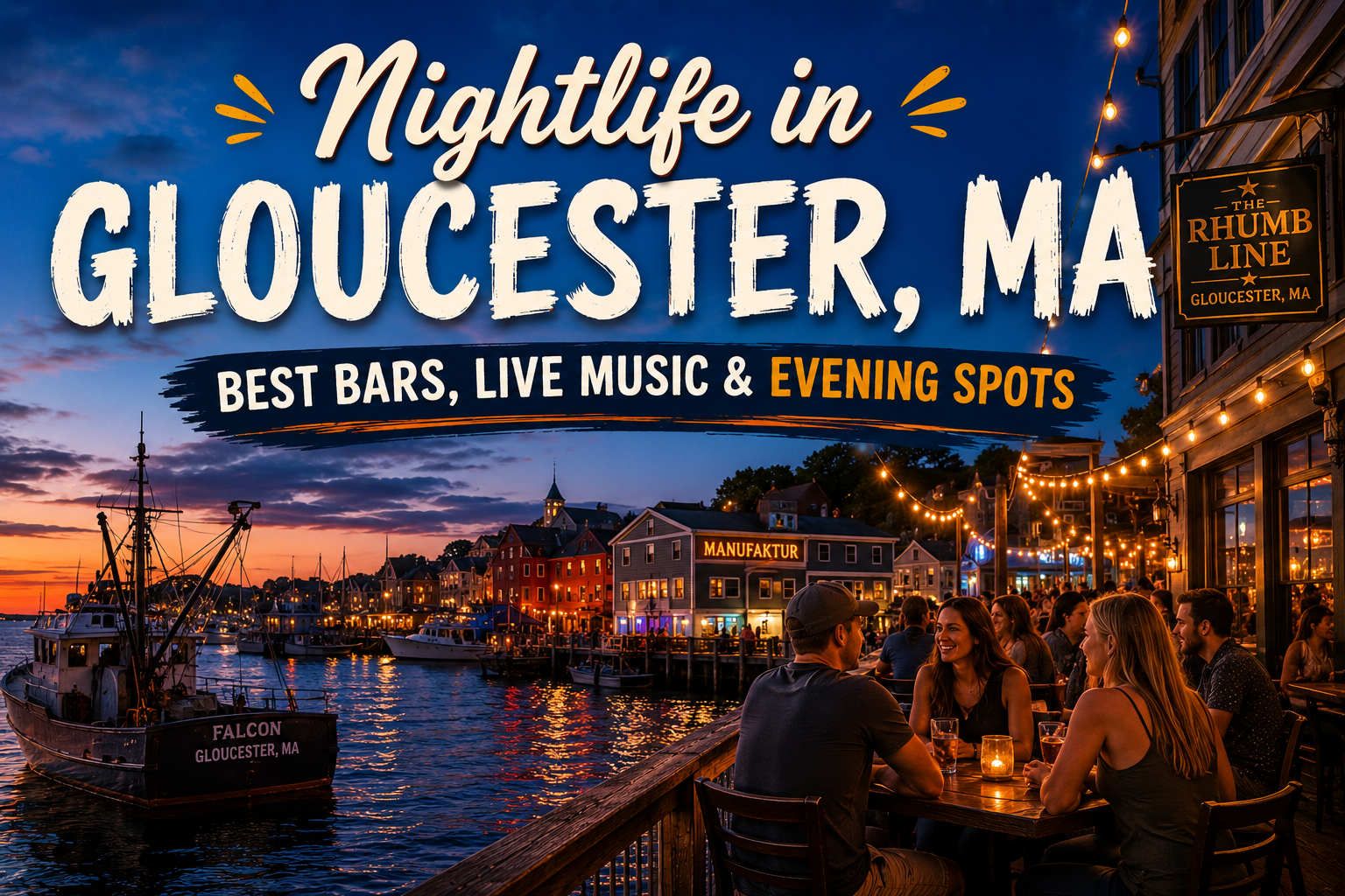 Nightlife in Gloucester, MA over a harbor sunset, with glowing waterfront bars and people dining outdoors