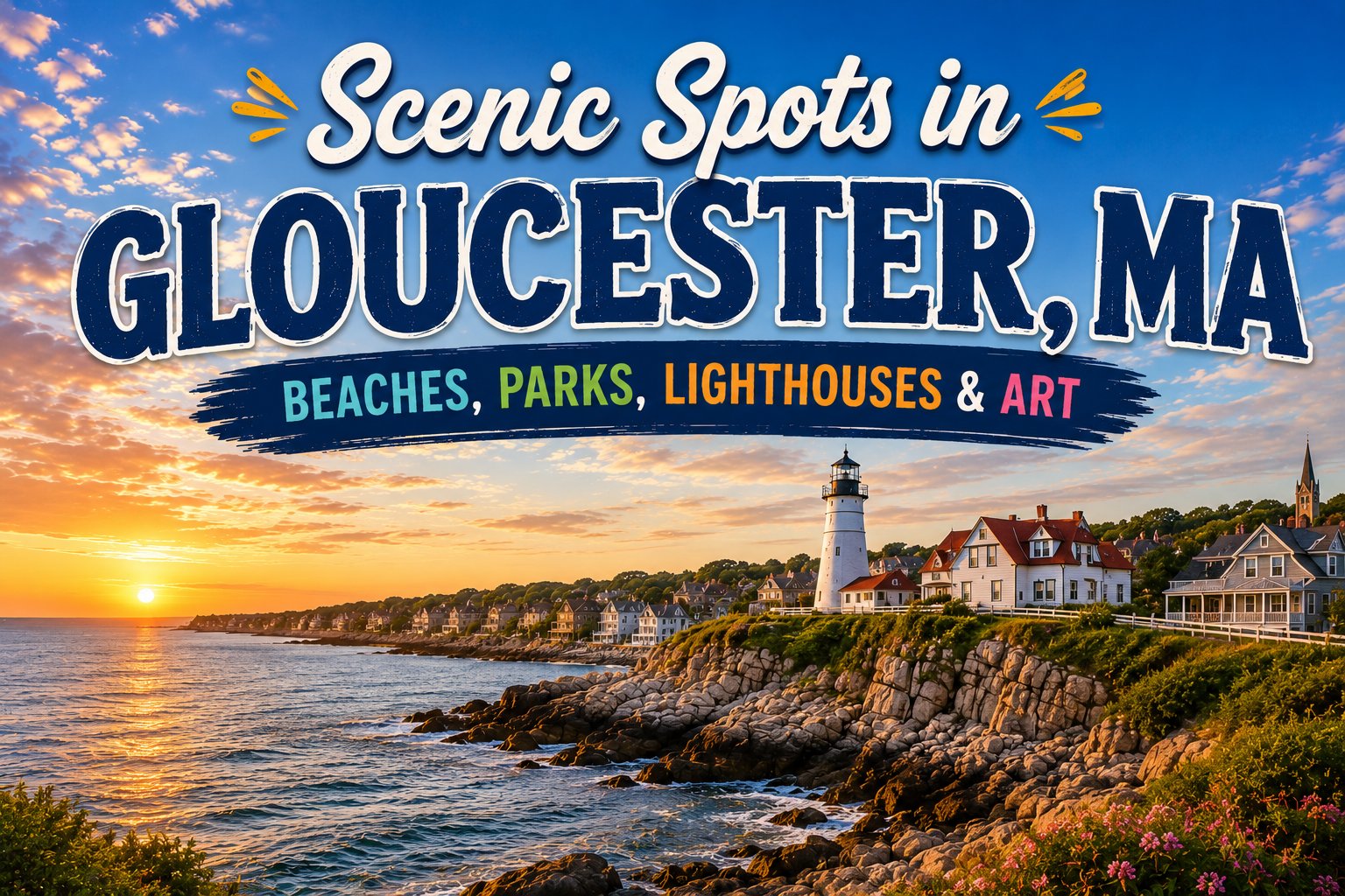 Sunset view of Gloucester, MA coastline with lighthouse and “Scenic Spots” travel text
