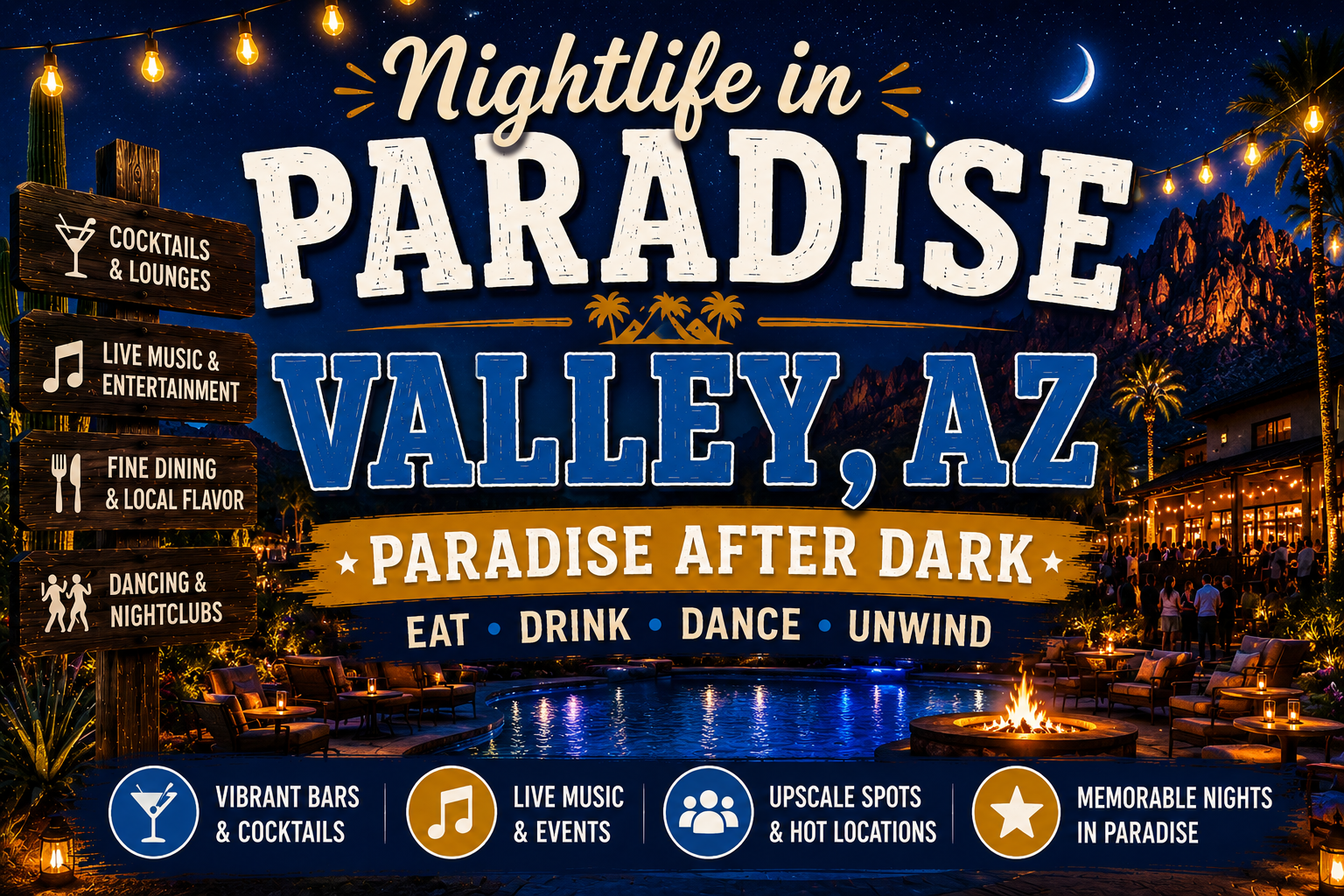 Nightlife in Paradise Valley, AZ poster with lights, bars, music, and dining icons on a dark blue background
