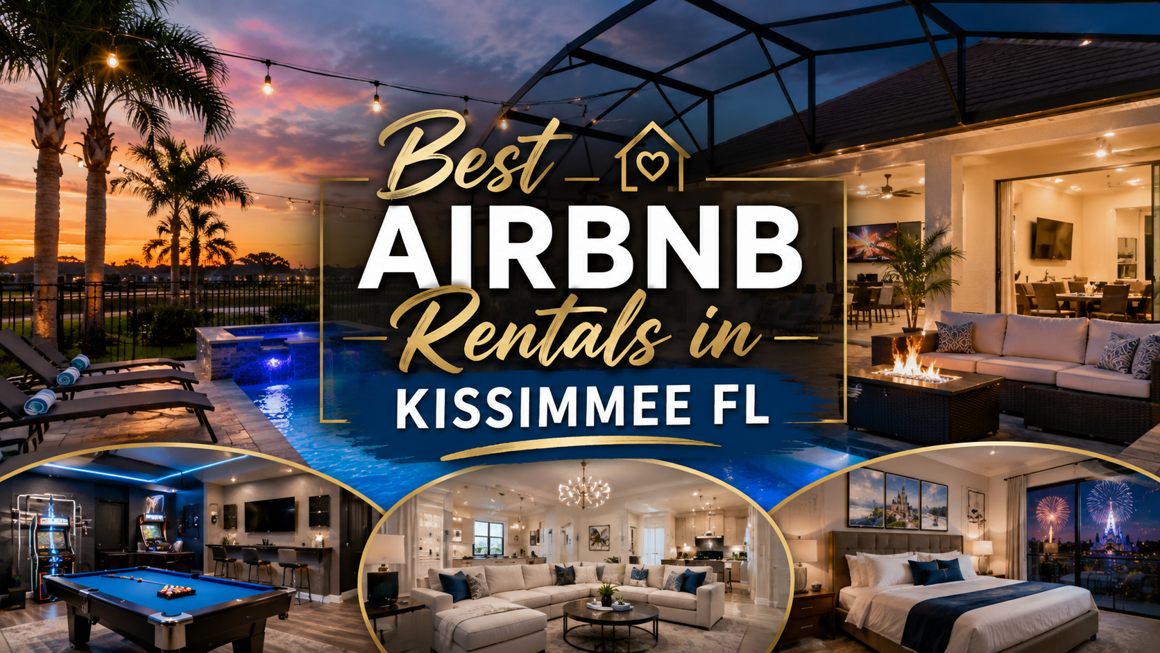 Best Airbnb rentals in Kissimmee FL with tropical sunset and luxury poolside homes