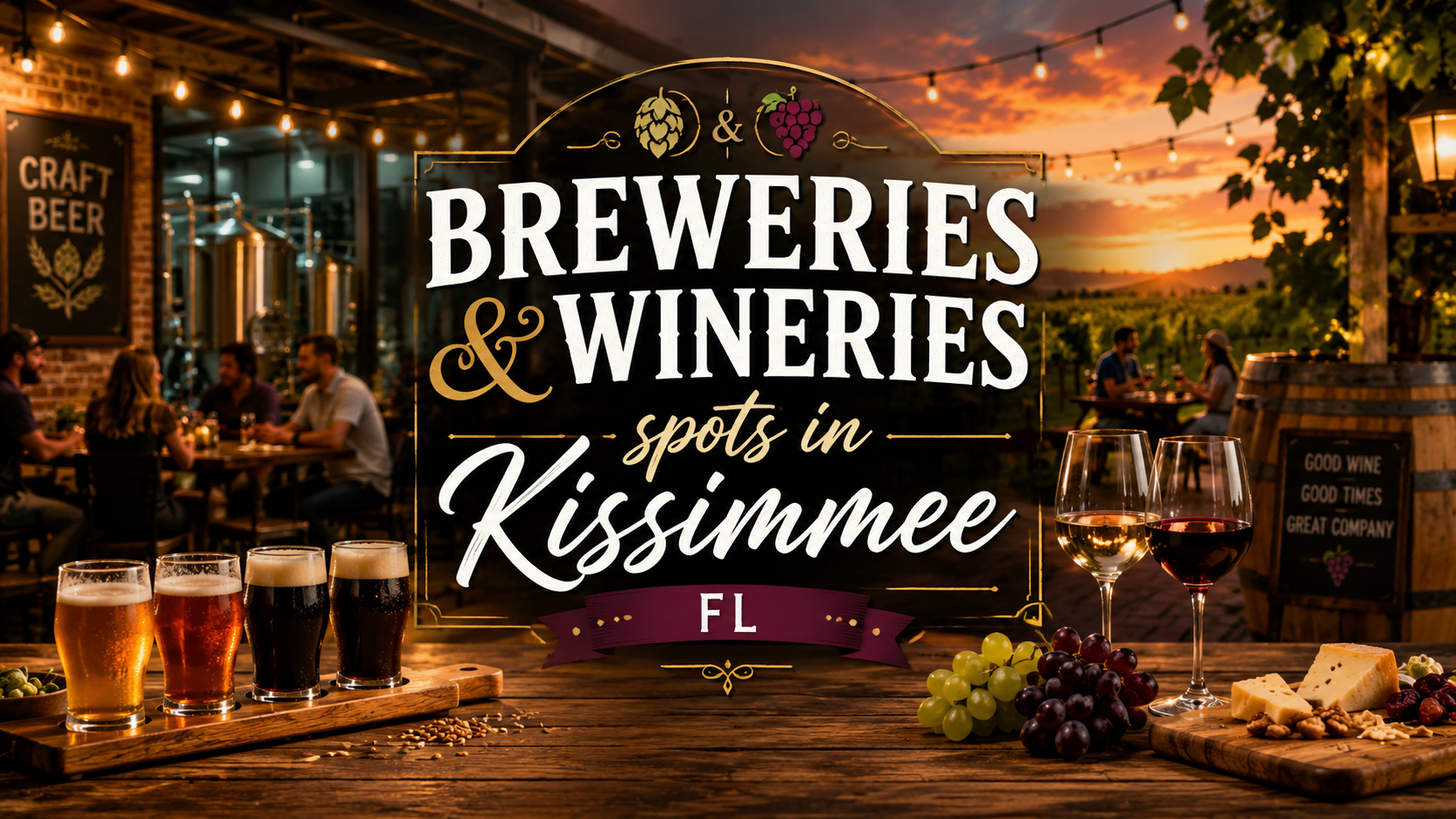 Breweries & Wineries sign over a cozy pub scene at sunset in Kissimmee, FL, with drinks and string lights
