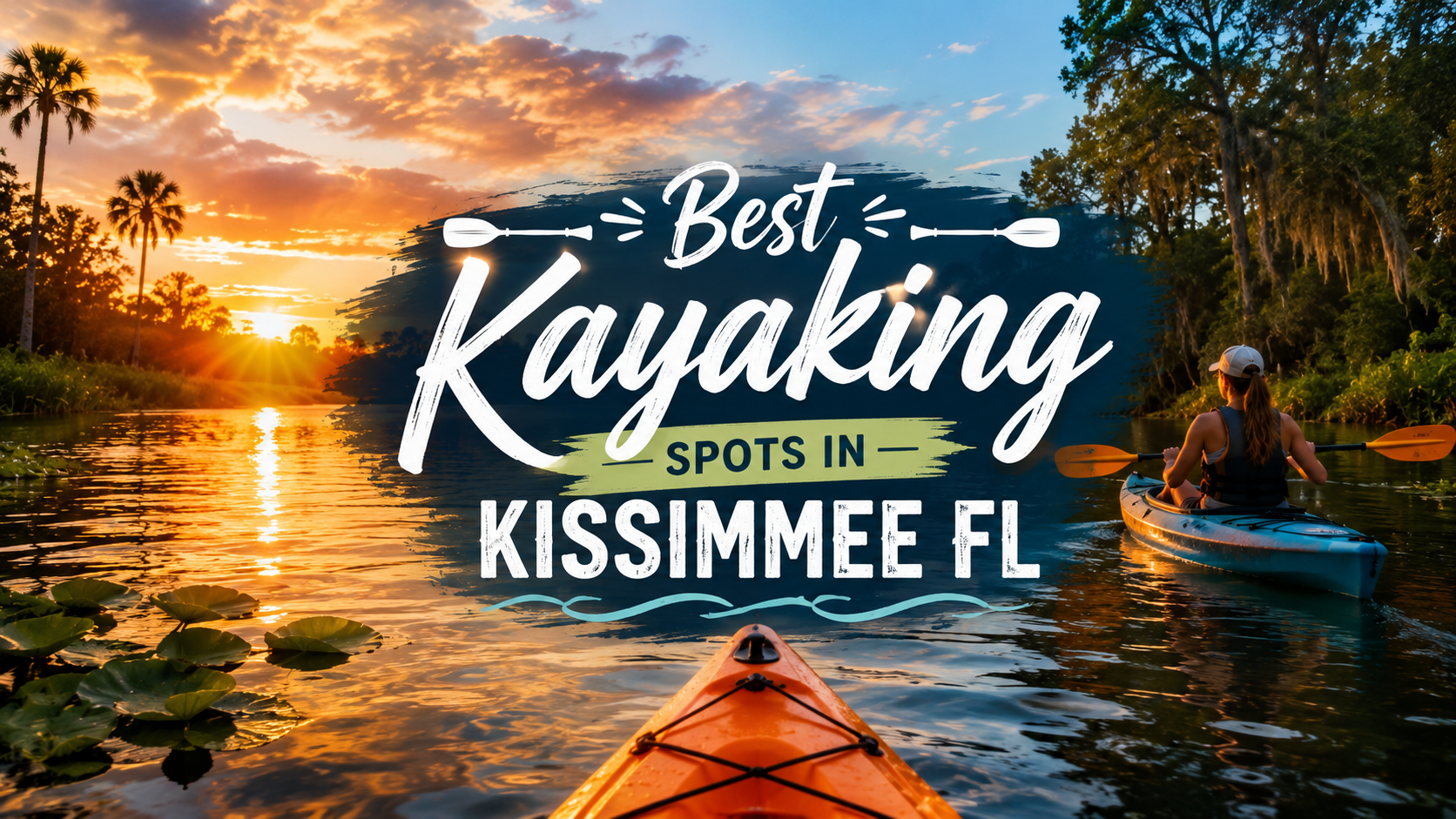 Kayaking at sunset on a river in Kissimmee, FL, with text “Best Kayaking Spots in Kissimmee FL”