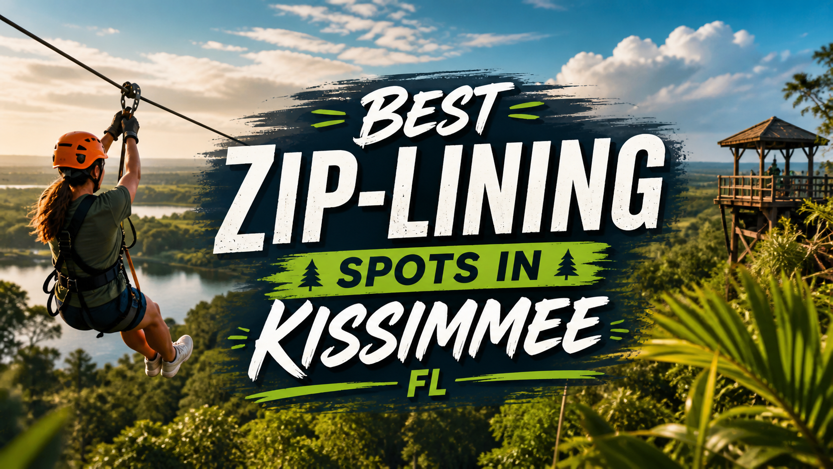 Zip-lining over a tropical lake with text: “Best Zip-Lining Spots in Kissimmee, FL”