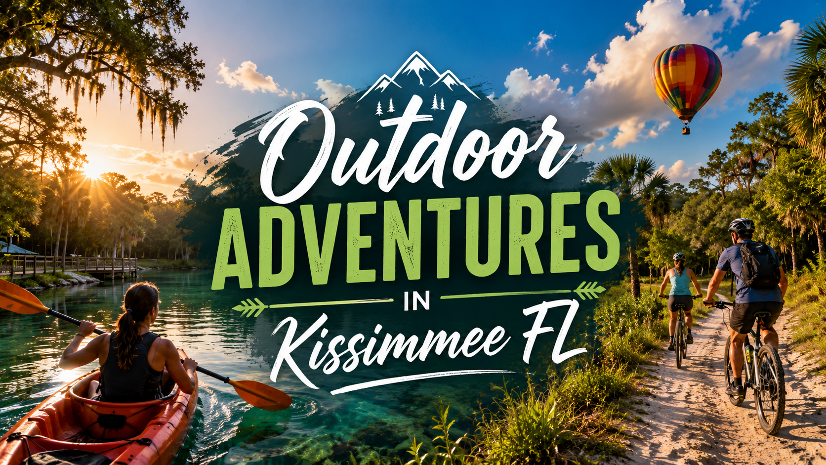 Outdoor adventures in Kissimmee, FL, with kayakers, cyclists, and a hot air balloon at sunset