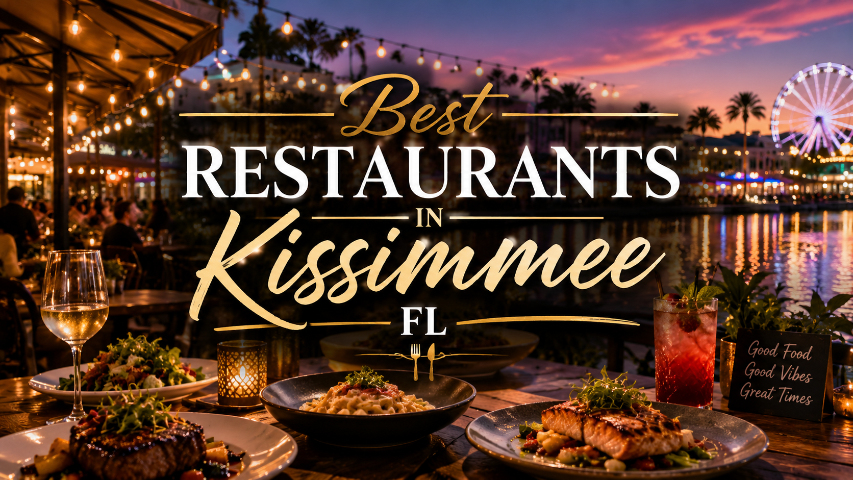 Best restaurants in Kissimmee, FL over a festive waterfront dining scene at sunset