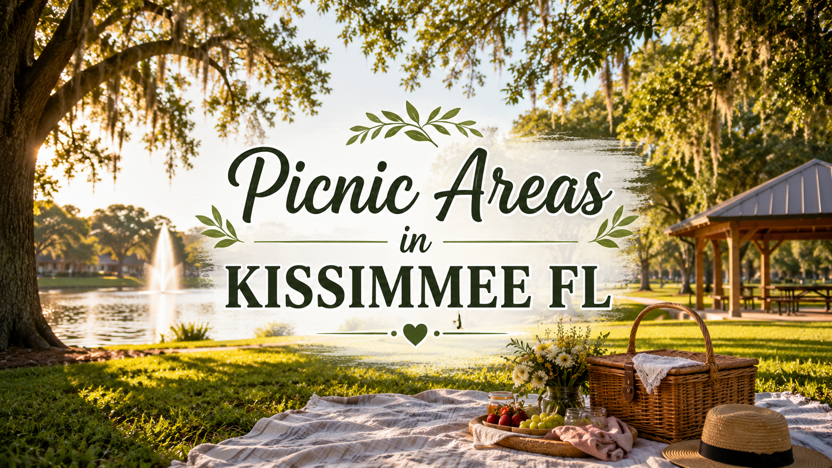 Picnic area by a lake with fountain and trees in Kissimmee, FL