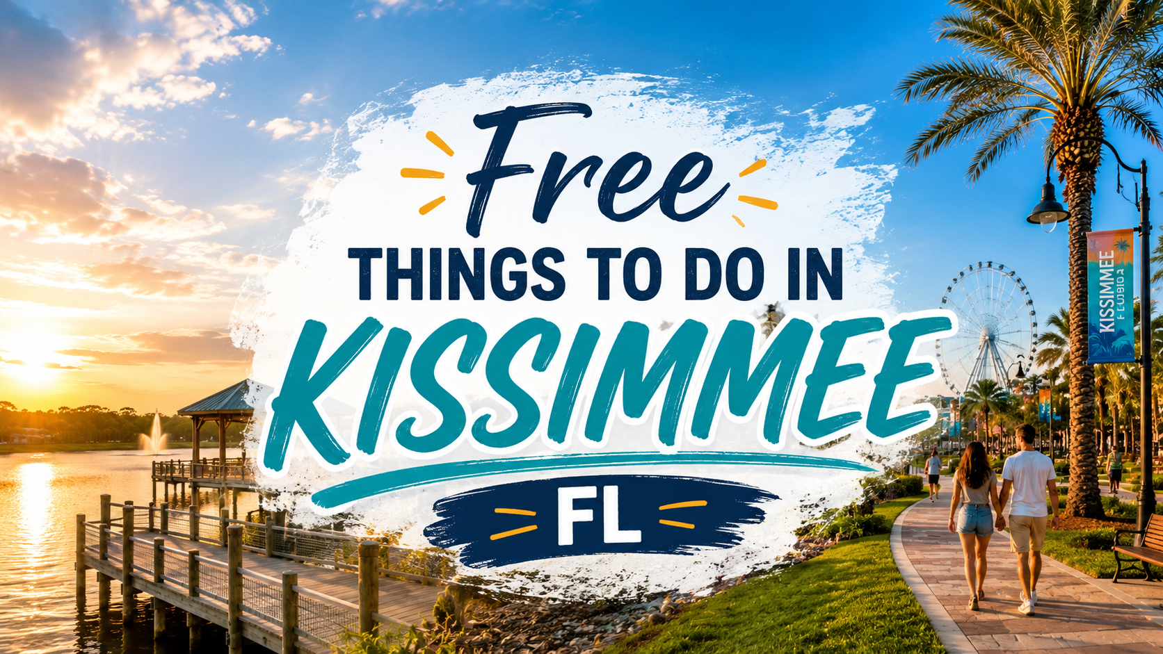 Free things to do in Kissimmee, FL over a sunny lakeside boardwalk with palm trees