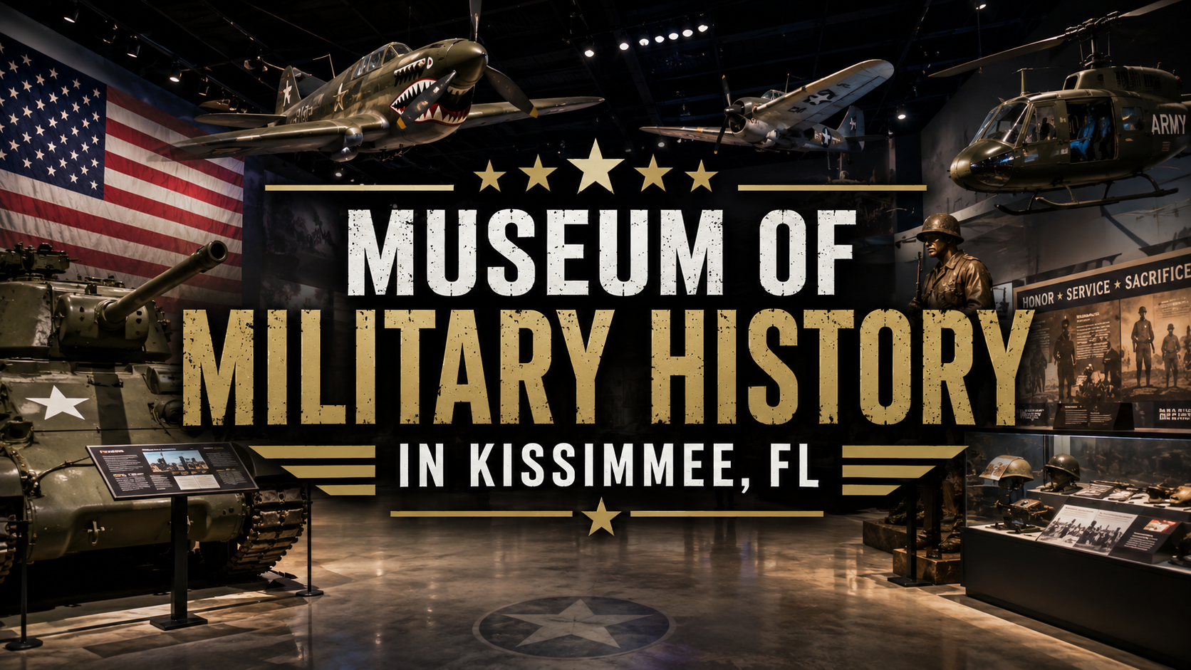 Museum of Military History in Kissimmee, FL with tanks, aircraft, and a large U.S. flag display