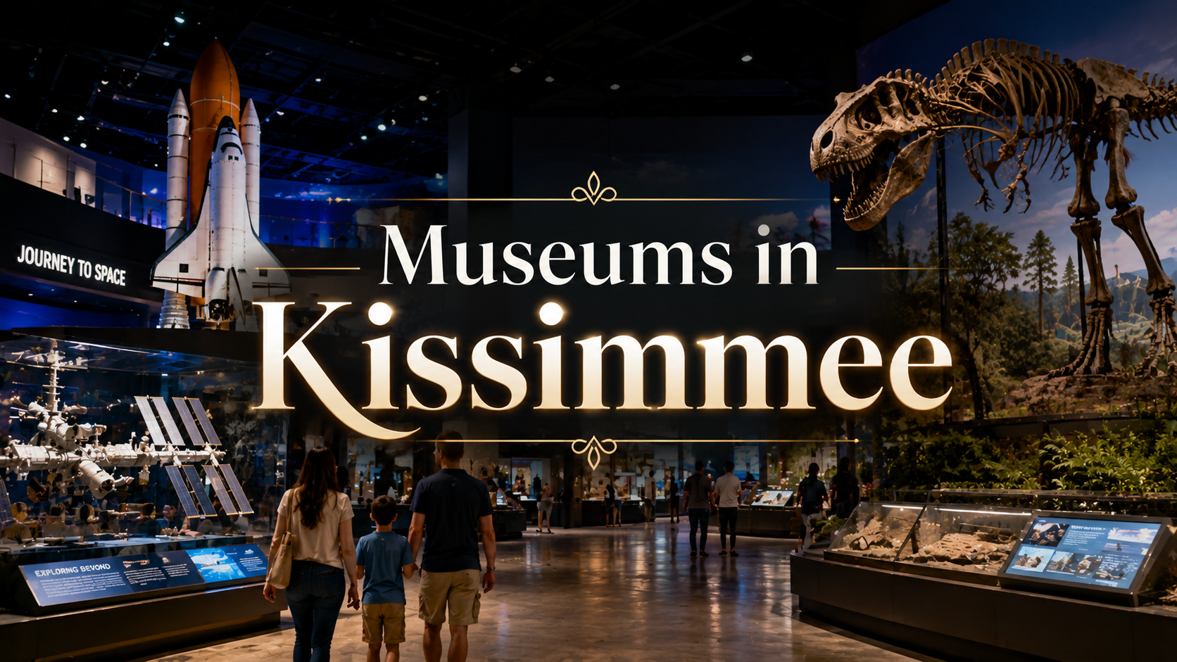“Museums in Kissimmee” exhibit with a space shuttle, dinosaur skeleton, and visitors in a dark museum hall