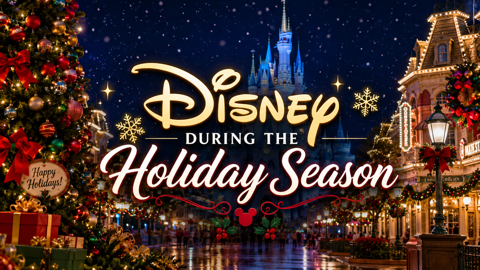 Disney holiday season graphic with castle, fireworks, and Christmas lights at night