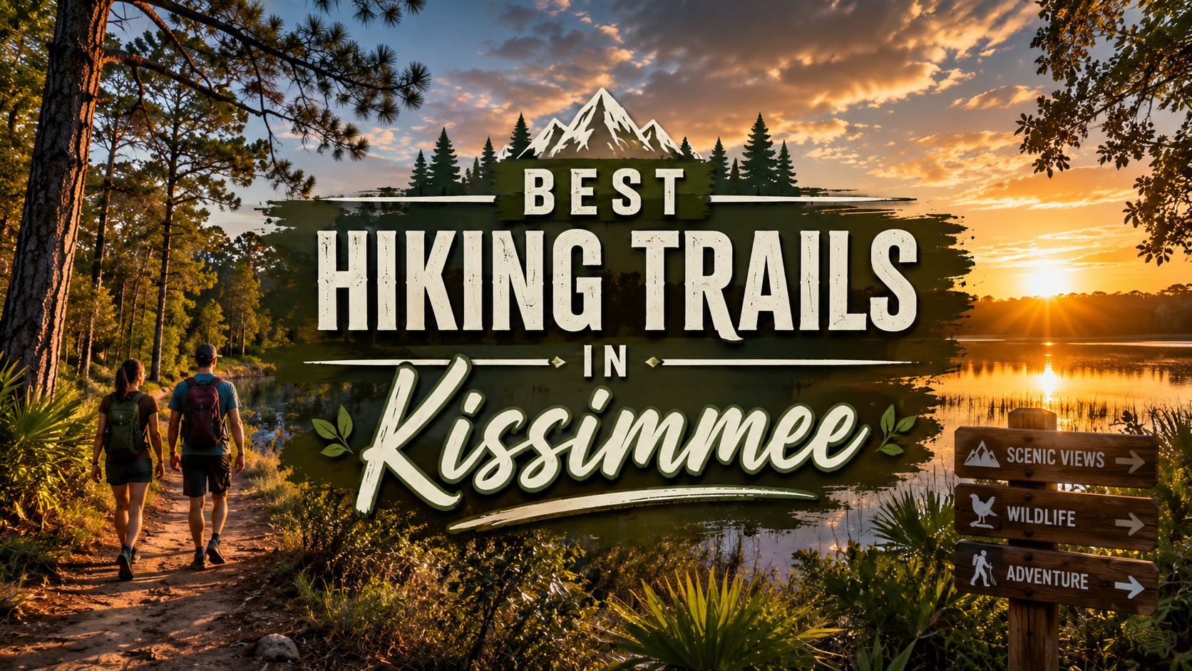 Sunset hiking trail sign in Kissimmee with two hikers, pine trees, and a reflecting lake
