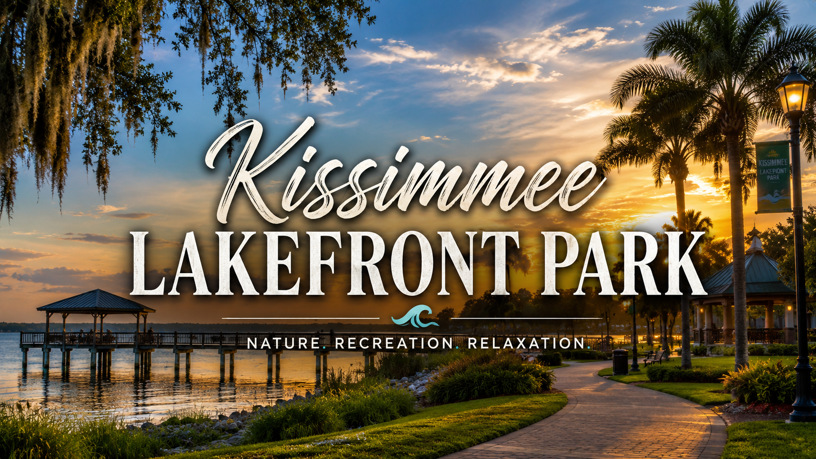 Kissimmee Lakefront Park at sunset, with palm trees, a pier, and a lakeside path