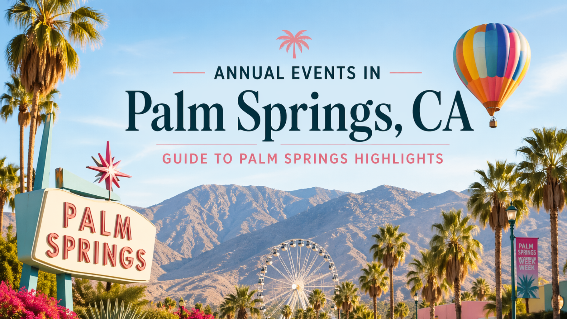 Palm Springs, CA travel guide banner with palm trees, mountains, and hot air balloons under a blue sky