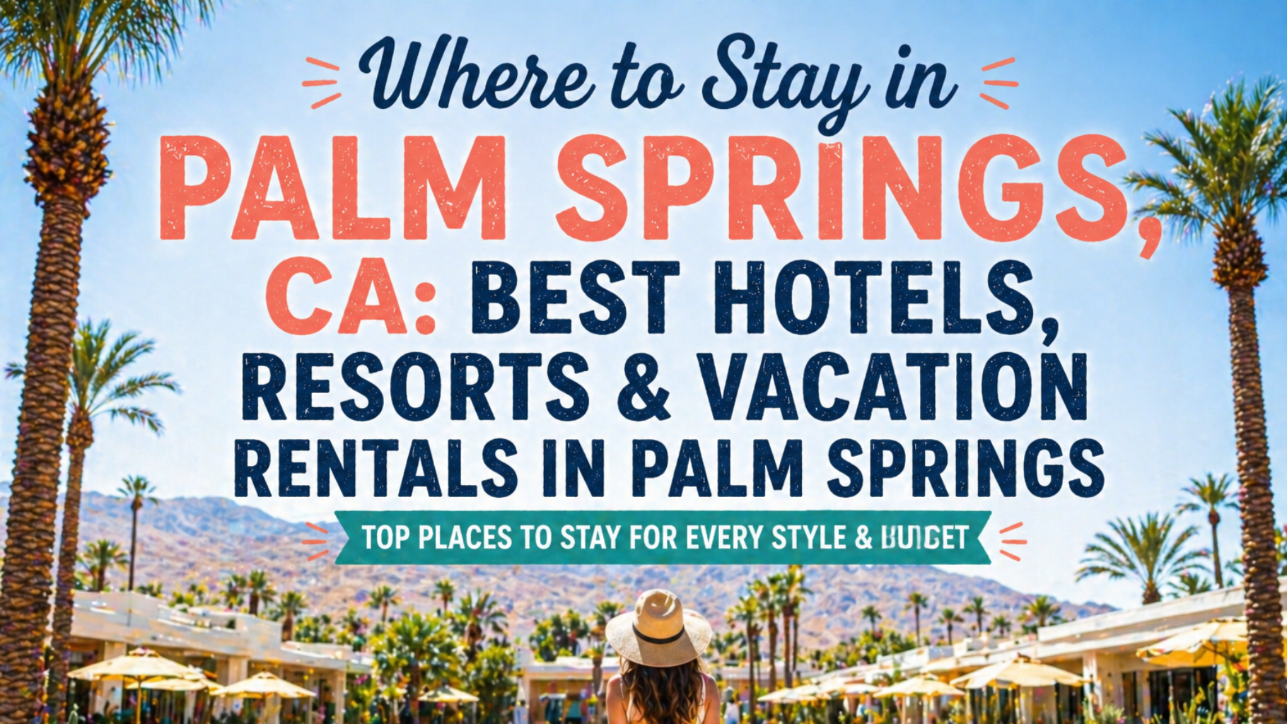 Palm Springs travel graphic with resort pools, palm trees, and title: best hotels, resorts, and vacation rentals