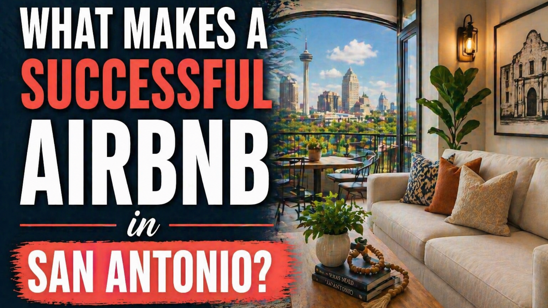 Graphic asking “What makes a successful Airbnb in San Antonio?” with a modern living room and skyline view
