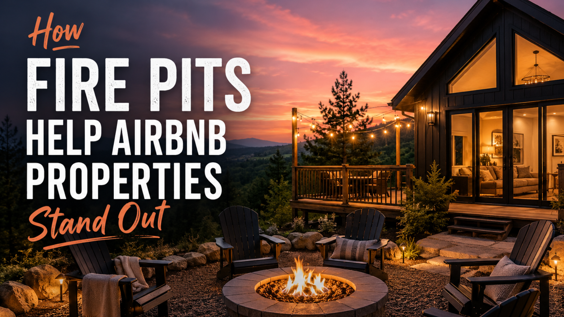 Fire pit patio at sunset beside a modern house, with text: “How Fire Pits Help AirBnB Properties Stand Out”