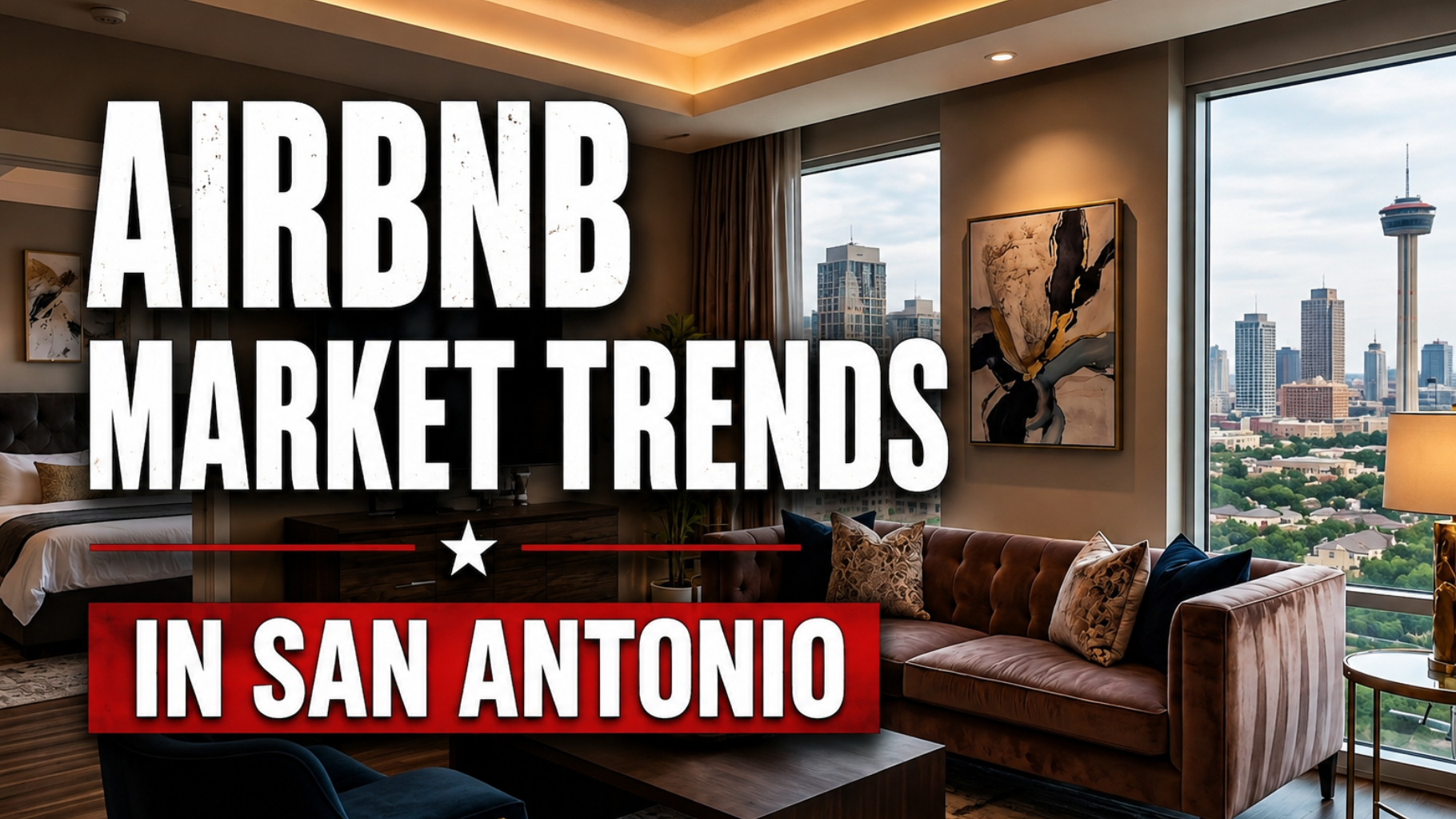Airbnb market trends in San Antonio, over a cozy interior with city skyline at sunset