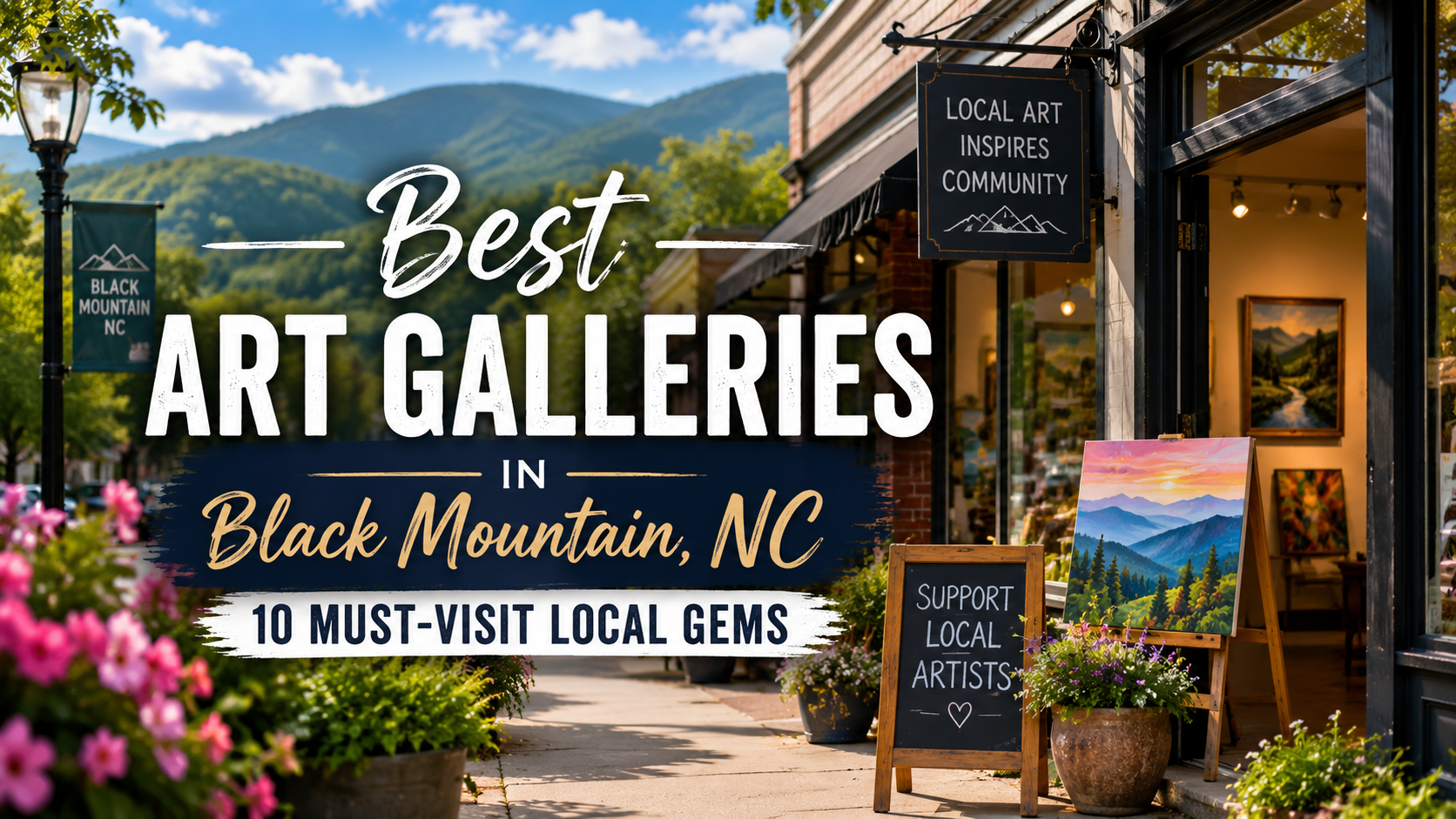 Promotional graphic for Best Art Galleries in Black Mountain, NC, with a mountain backdrop and gallery storefronts