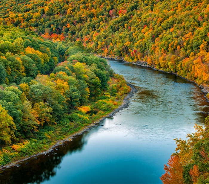 Beautiful views of Arkansas from a viewpoint, where 2 bikers take in the view