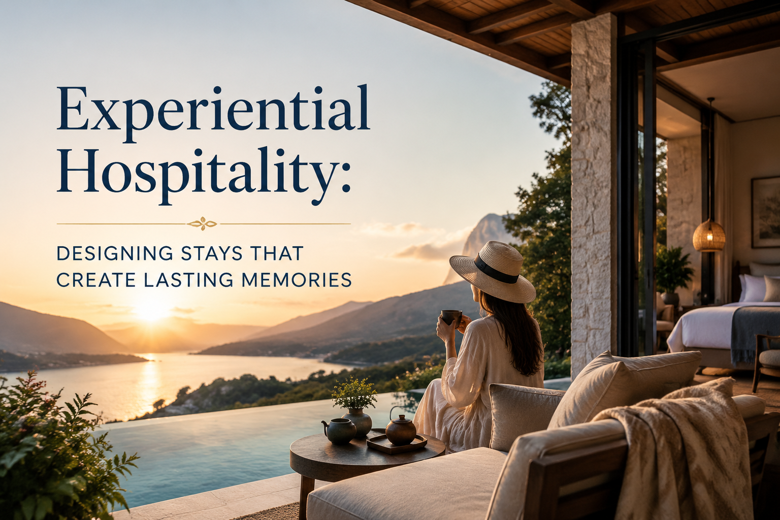 Luxury villa overlooking a sunset bay, with a seated guest and text reading “Experiential Hospitality.”
