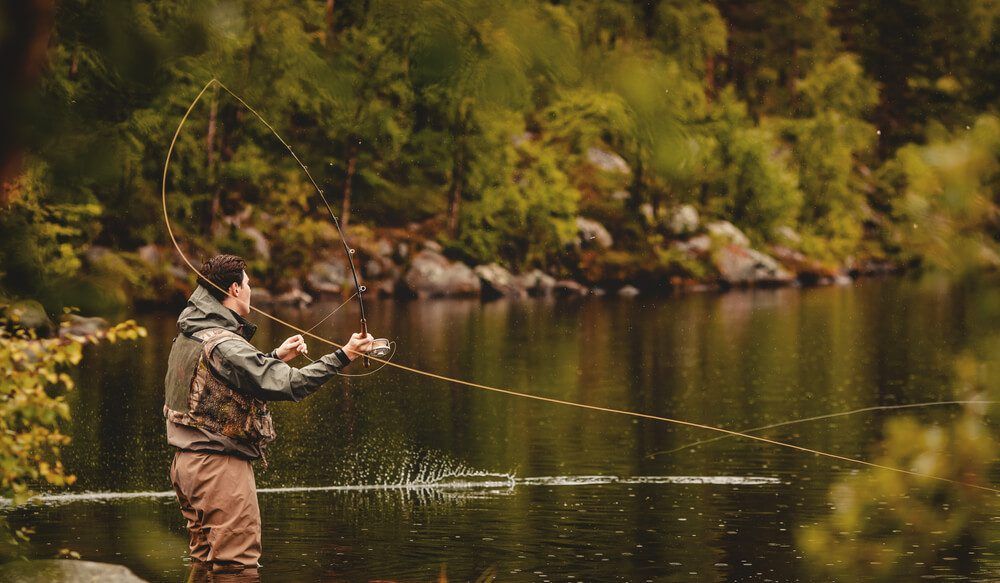 Person fly fishing in a river, casting line. Green trees and rocks in background.