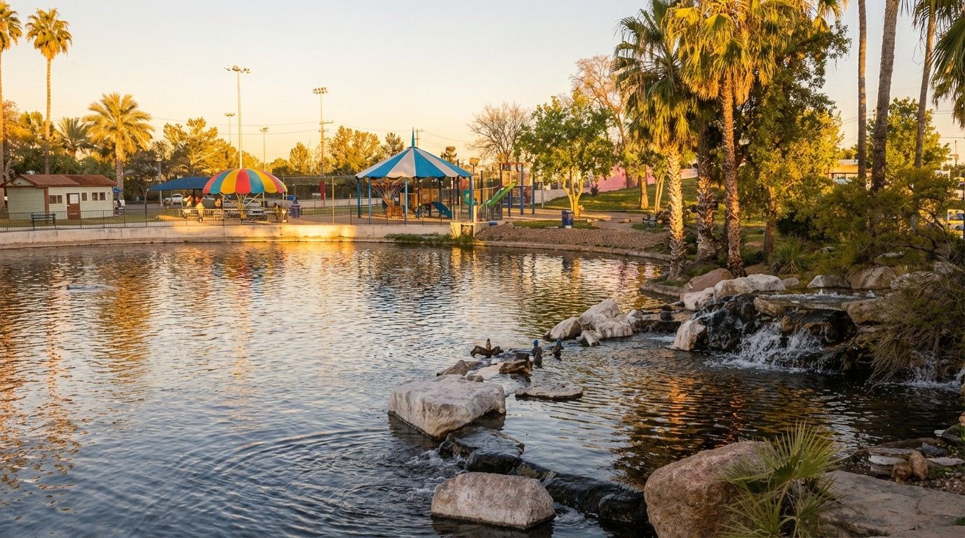 A scenic park at sunset, featuring a calm pond with a small waterfall, surrounded by trees and colorful gazebo structures.