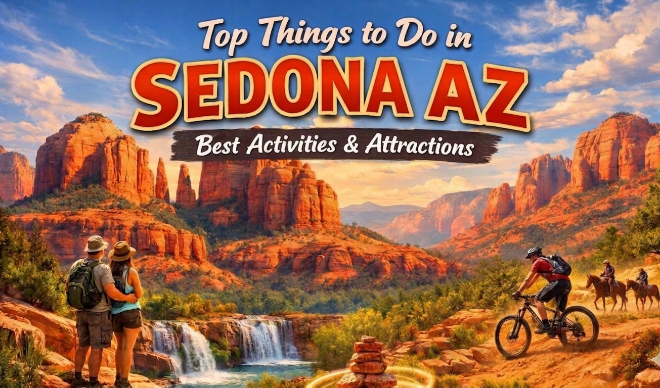 A couple admires a red rock landscape with a waterfall and mountain bikers, with text reading