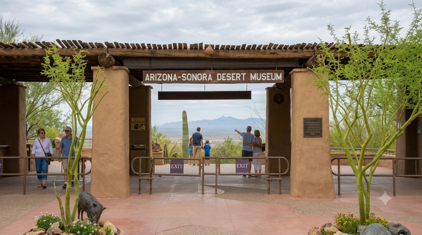 Entrance sign to Arizona-Sonora Desert Museum with visitors and desert landscape beyond