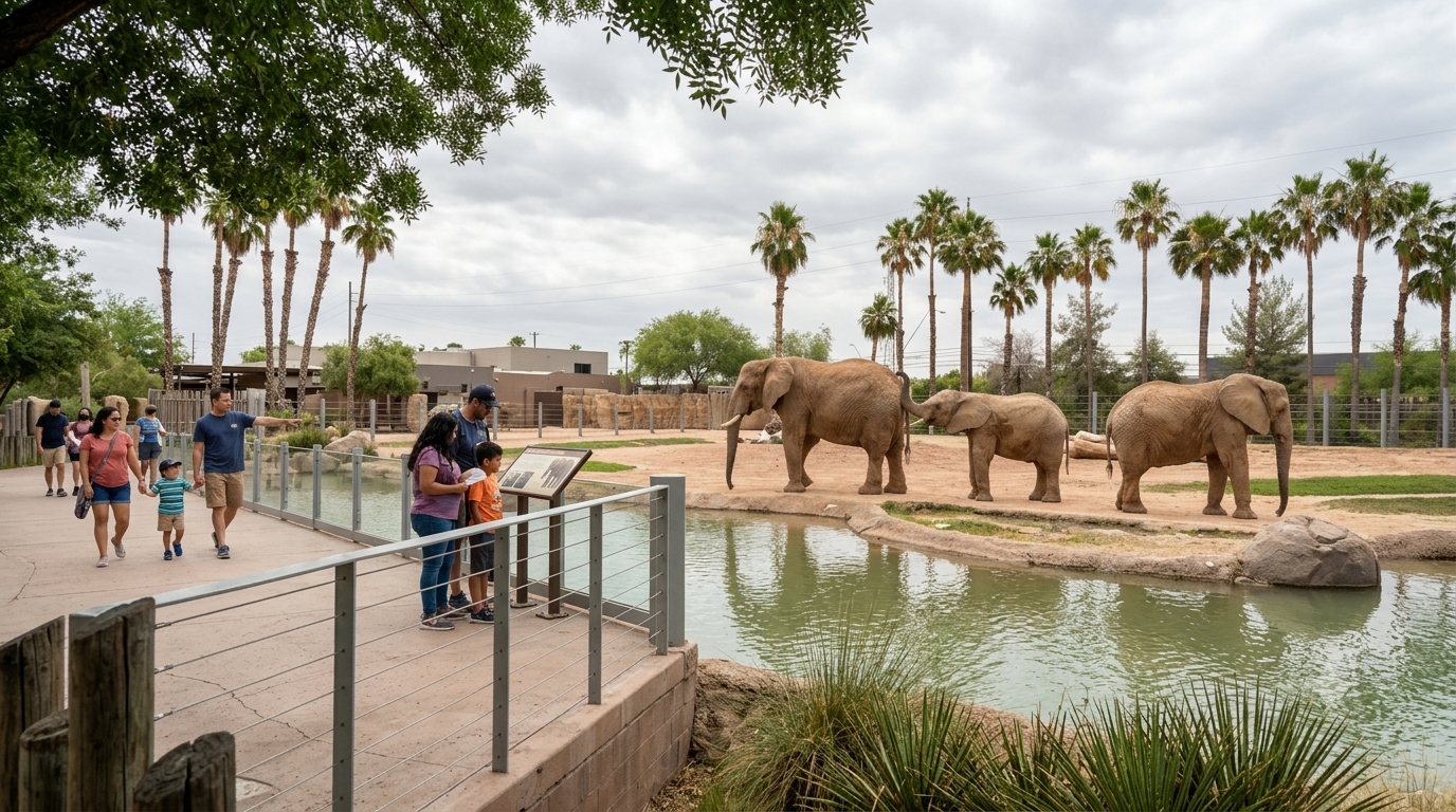 People viewing elephants by a pond at a zoo, with palm trees and a cloudy sky.