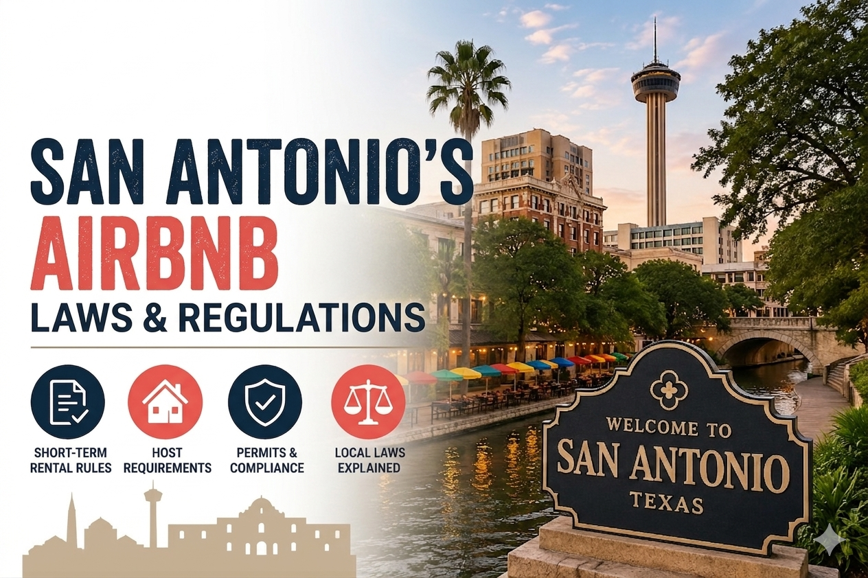 San Antonio Airbnb laws and regulations graphic with city skyline and River Walk sign