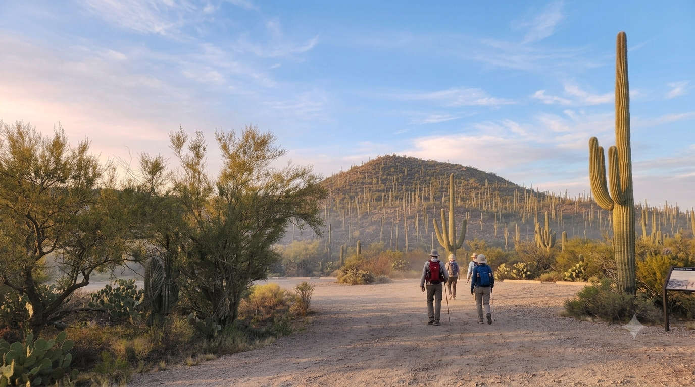 Two hikers on a desert trail with cacti and hills at sunset