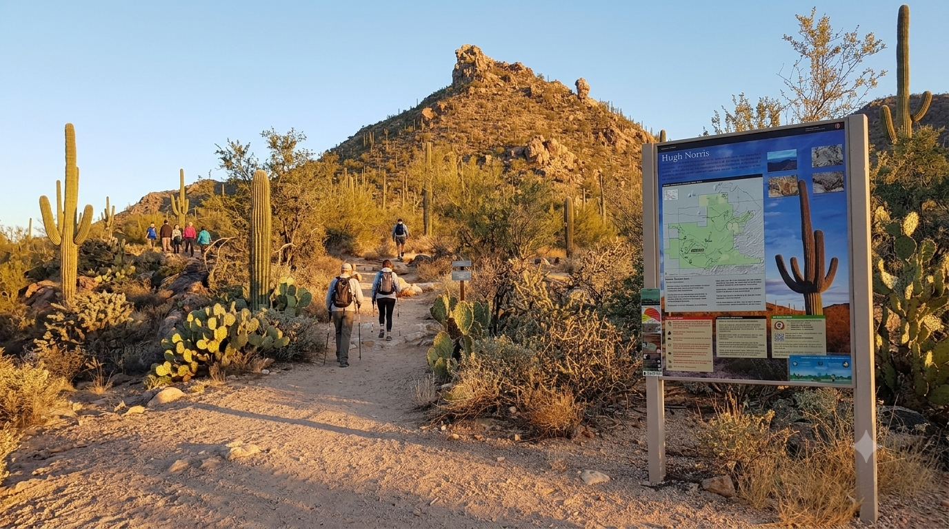 Desert trail with hikers, cacti, and a blue informational sign at sunset.